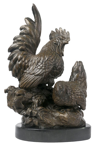 Chicken & Rooster Bronze Sculpture On Marble